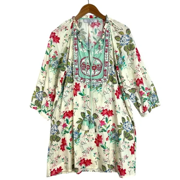 bella tu Floral and Beaded Boho Tunic Mini Dress with V-Neckline Tassel Medium - Picture 2 of 6